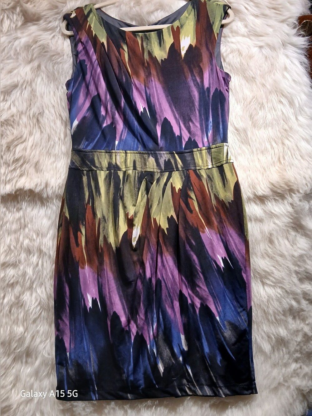 Chetta B Sleeveless Abstract Brushstroke Midi Dress Purple, Olive & Navy